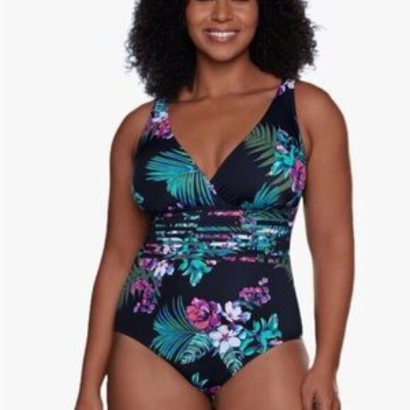 Aqua Green Floral Print  UPF 50 Waist Detail One-Piece Swimsuit | Size 22 | NWT - Picture 6 of 6